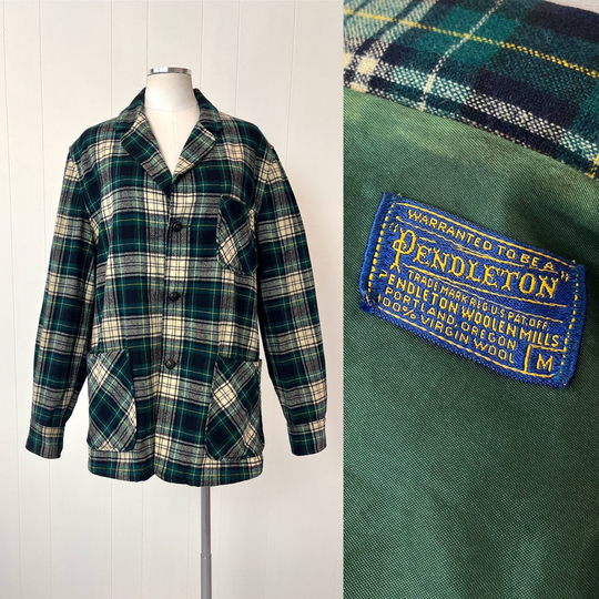 1960S Pendleton Green Plaid Wool Button Down Long Sleeve Shirt