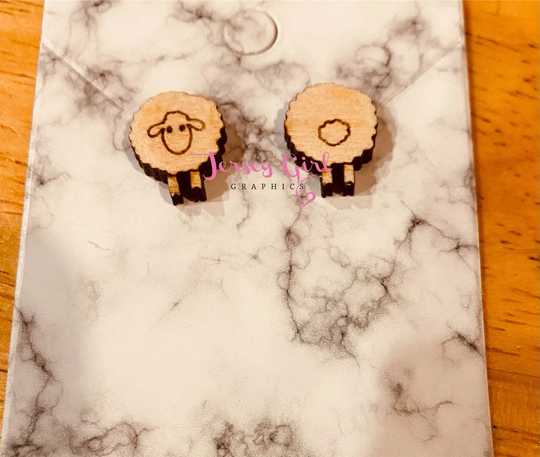 Sheep Face & Tail Wooden Studs Gift Ewe Farm Animal Cute Fluffy Birthday Wood Laser Cut Ram