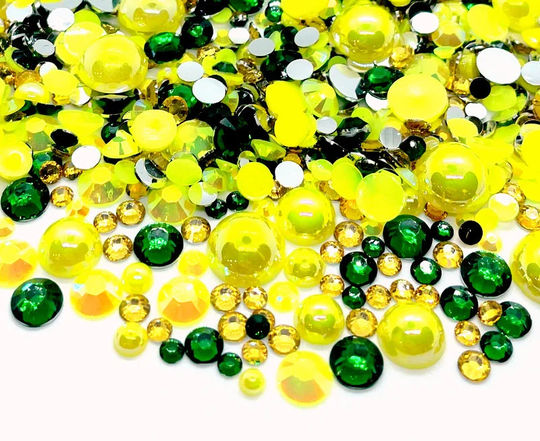 Pineapple Party Blend Rhinestone Mix 2mm-10mm Flatback Jelly Resin | Faux Pearls Mixed Sizes, Yellow Green Gold
