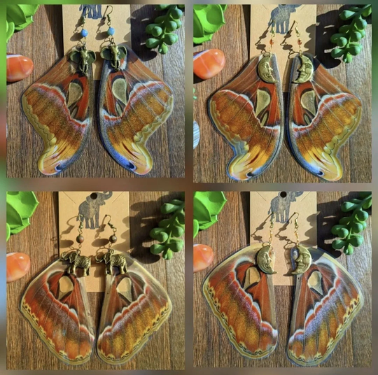 Real Atlas Moth Wing Earrings, Butterfly Jewelry, Unique Hippie Charm Jewelry