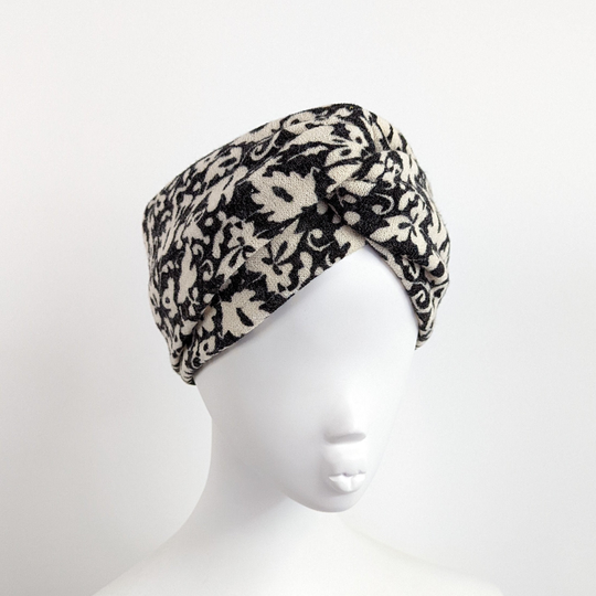 Black & Ivory Floral Wool Blend Wide Twist Headband