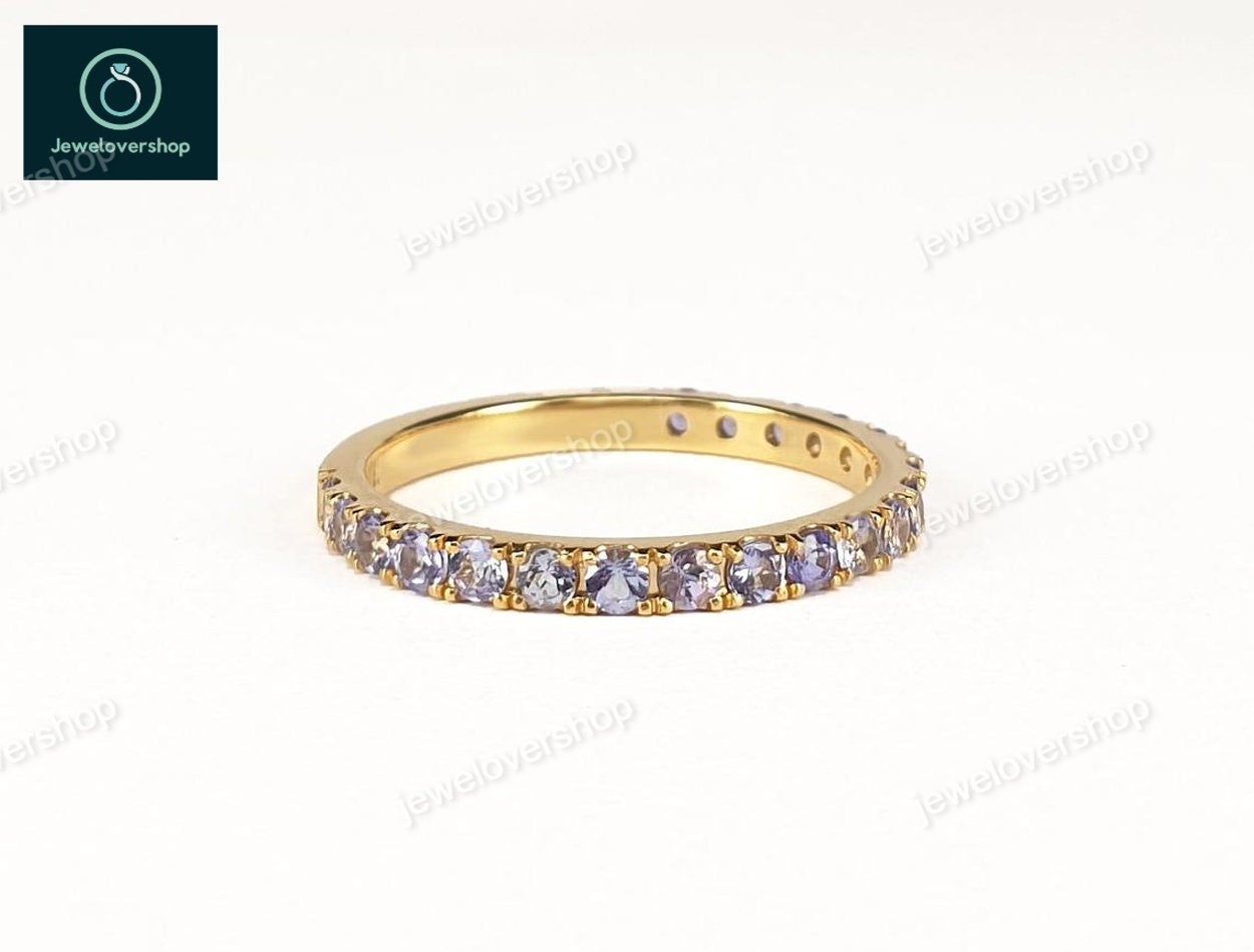 Natural Tanzanite Ring, Half Eternity 14K Yellow Gold Stacking Wedding Band, Gemstone Plated