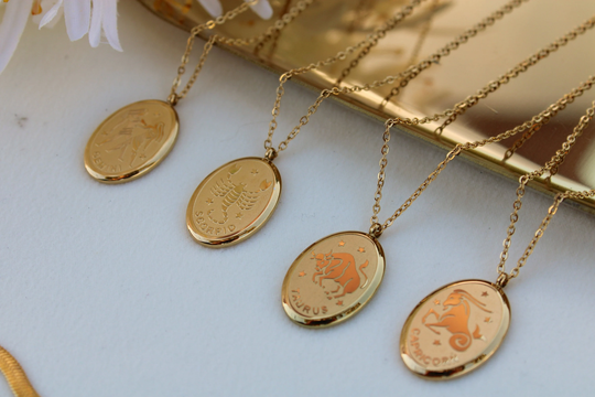 Gold Filled Oval Round Zodiac Necklace, Constellation Pendant, Horoscope Chain Spiritual Birthday Gift Waterproof Necklace