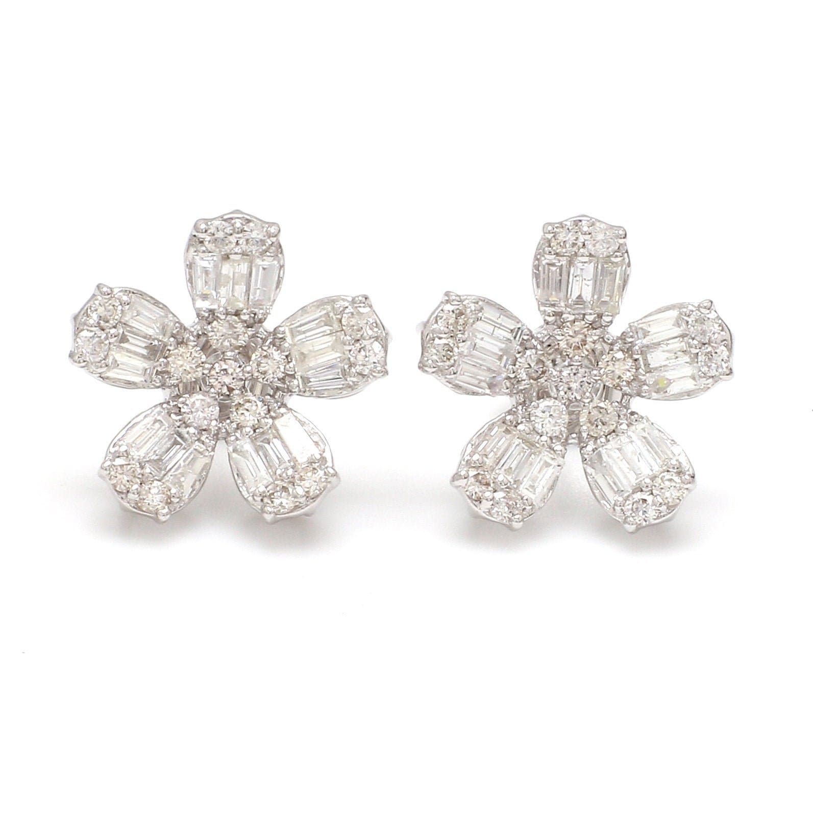 On Sale 10K Gold Diamond Baguette Studs, Floral Earrings, Dainty Jewelry