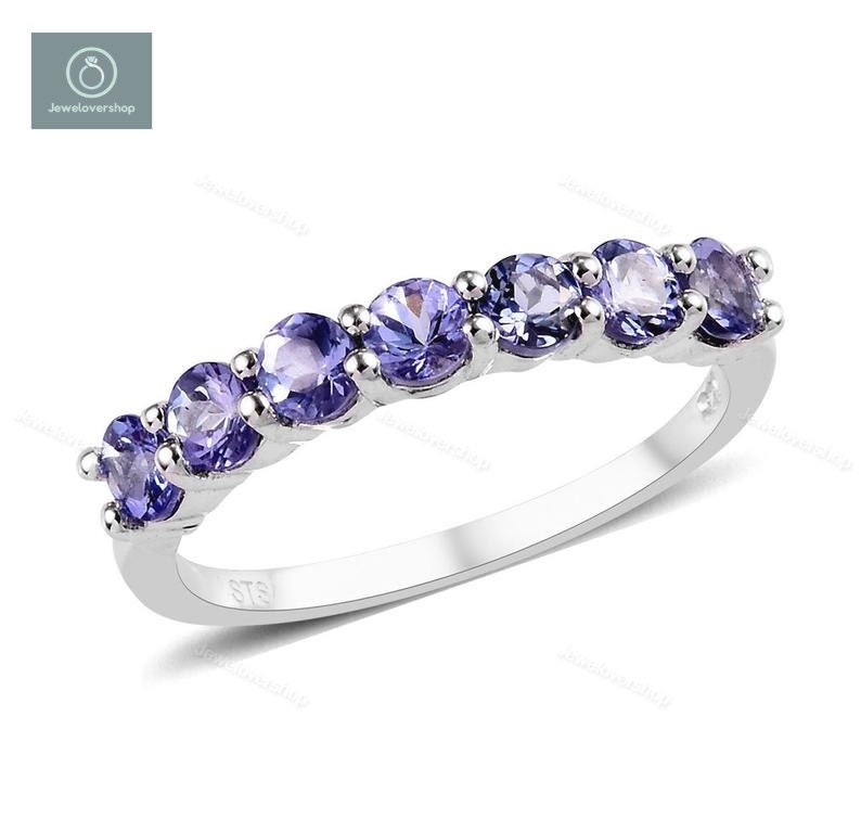 Natural Tanzanite Ring, Eternity Band Sterling Silver Stacking 14K White Gold Wedding Band, Gemstone Ring