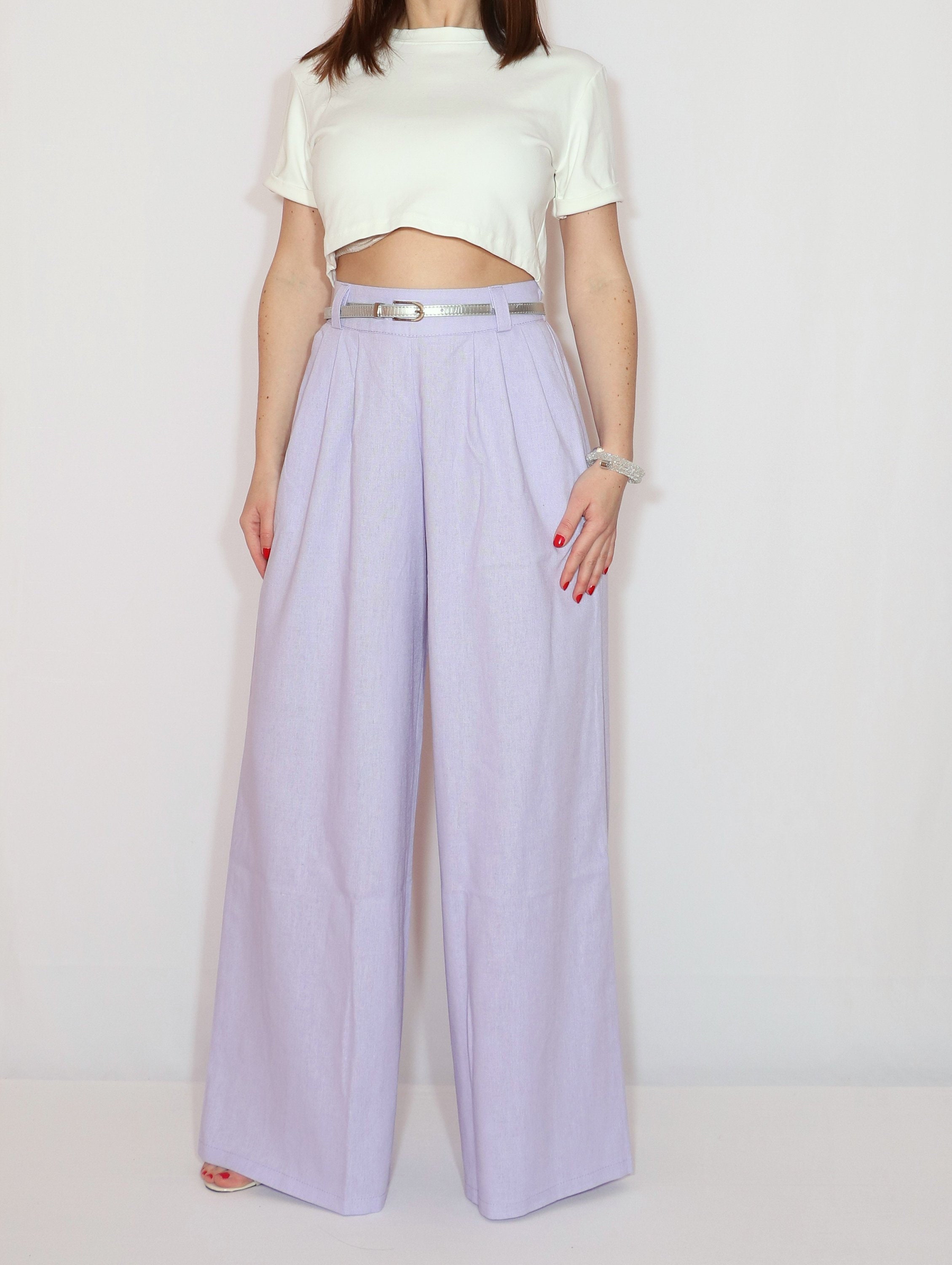 Lavender Linen Pants With Pockets, Wide Leg Pants, High Waisted