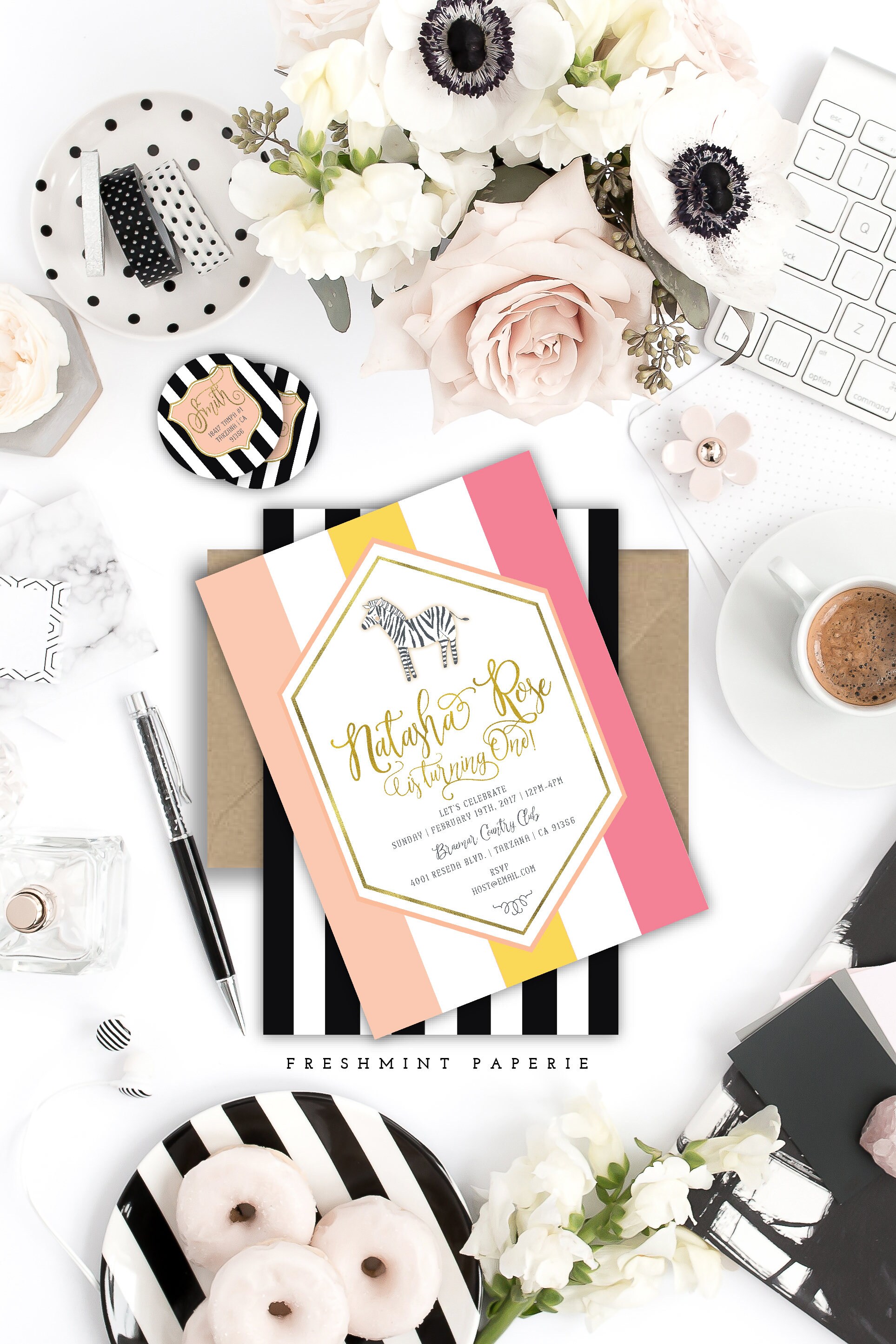 Zebra Invitation - First Birthday Safari Zoo Jungle Freshmint Paperie