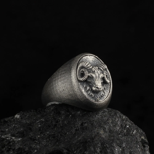 Ram Signet Ring, Sterling Silver Head Aries Handmade Goat Ring Band