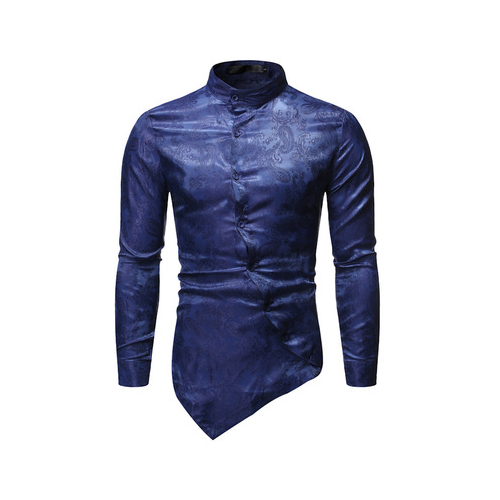 Men's Shirt Long Sleeves Printed Turtleneck Cotton Blended With Dark PatternAsymmertric Length Hip Hop Causual Homme Clothing - navy blue, xxl