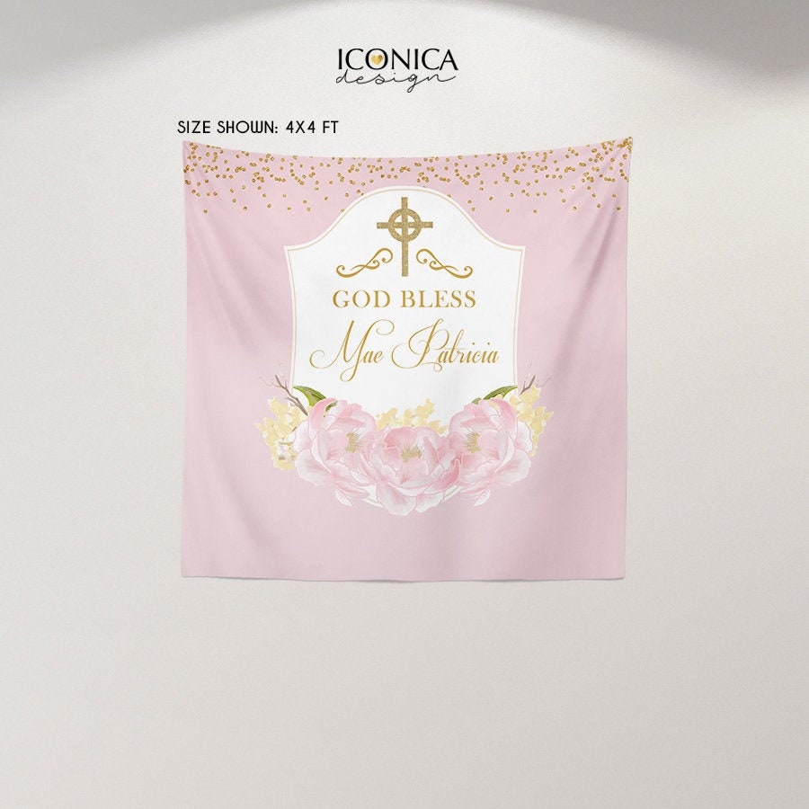 Baptism Backdrop, First Communion Backdrop, Floral Photo Backdrop, Pink Peonies Christening Backdrop, Printed Or Printable File, Bfc0002
