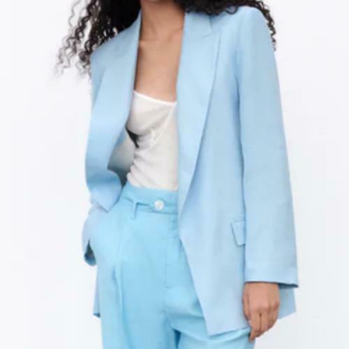ZARA BNWT 2021. SKY BLUE BLAZER LINEN BLEND PRINTED CUFF LAPEL COLLAR. 7791/493