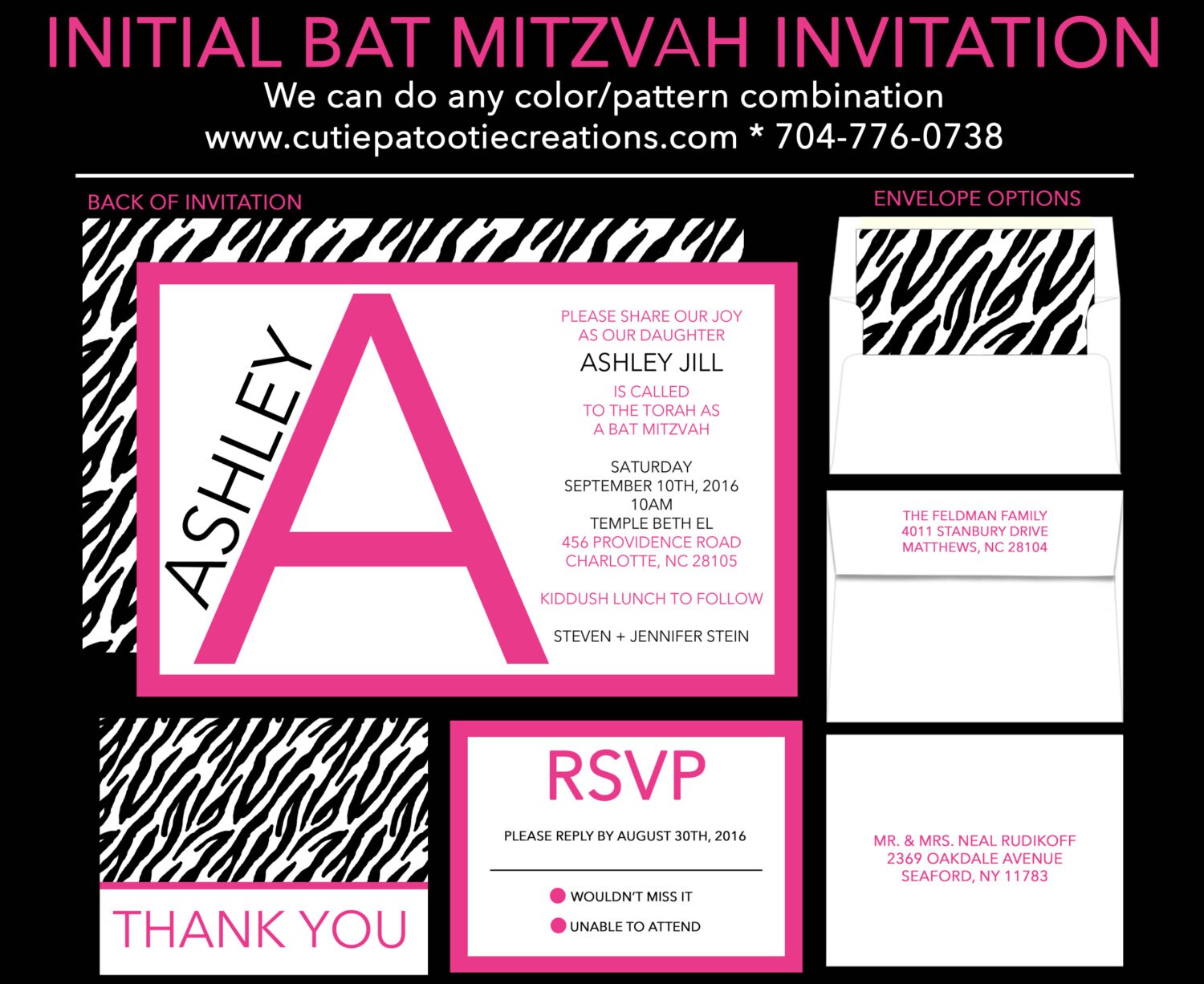 Bat Mitzvah Invitations Hot Pink Zebra Print Initials Collection Add Rsvp Card Guest & Return Addressing - Celebration Information