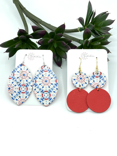 4Th Of July Red White & Blue Cork Leather Circle Petal Earrings