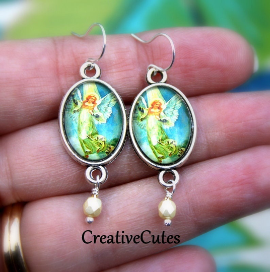 Dainty Angel Earrings, Tiny Pearl Dangles, Guardian Art Communion Gift, Jewelry, Christian Colorful Angels