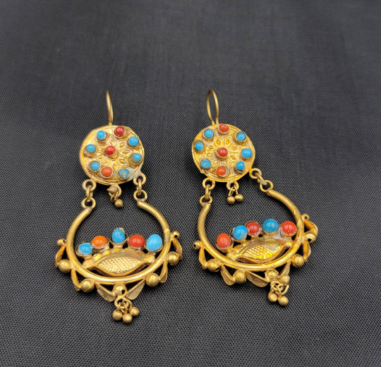 Vintage Beautiful Afghanistan Gold Plated Earrings With Turquoise & Coral Stone