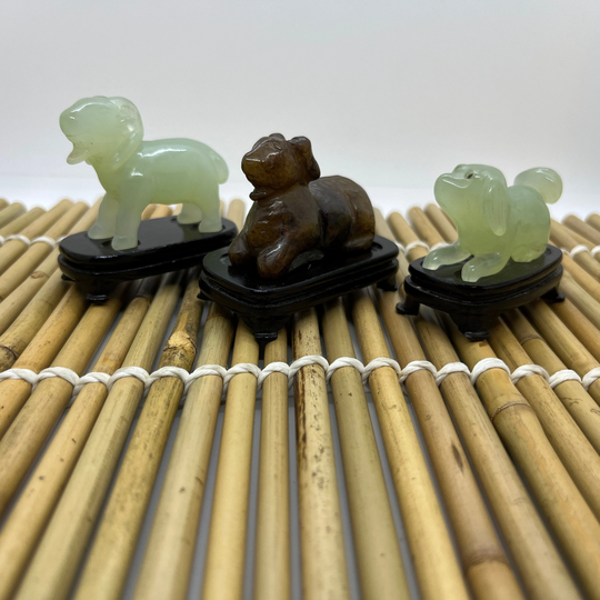 3 Chinese Carved Natural Jade Statues W Wooden Stands~ Dog.ram.sheep