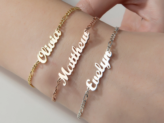 14K Gold Name Plate Bracelet, Custom Made Silver Family Bracelet With Figaro Chain, Gift For Mom, Valentine's Day Gifts