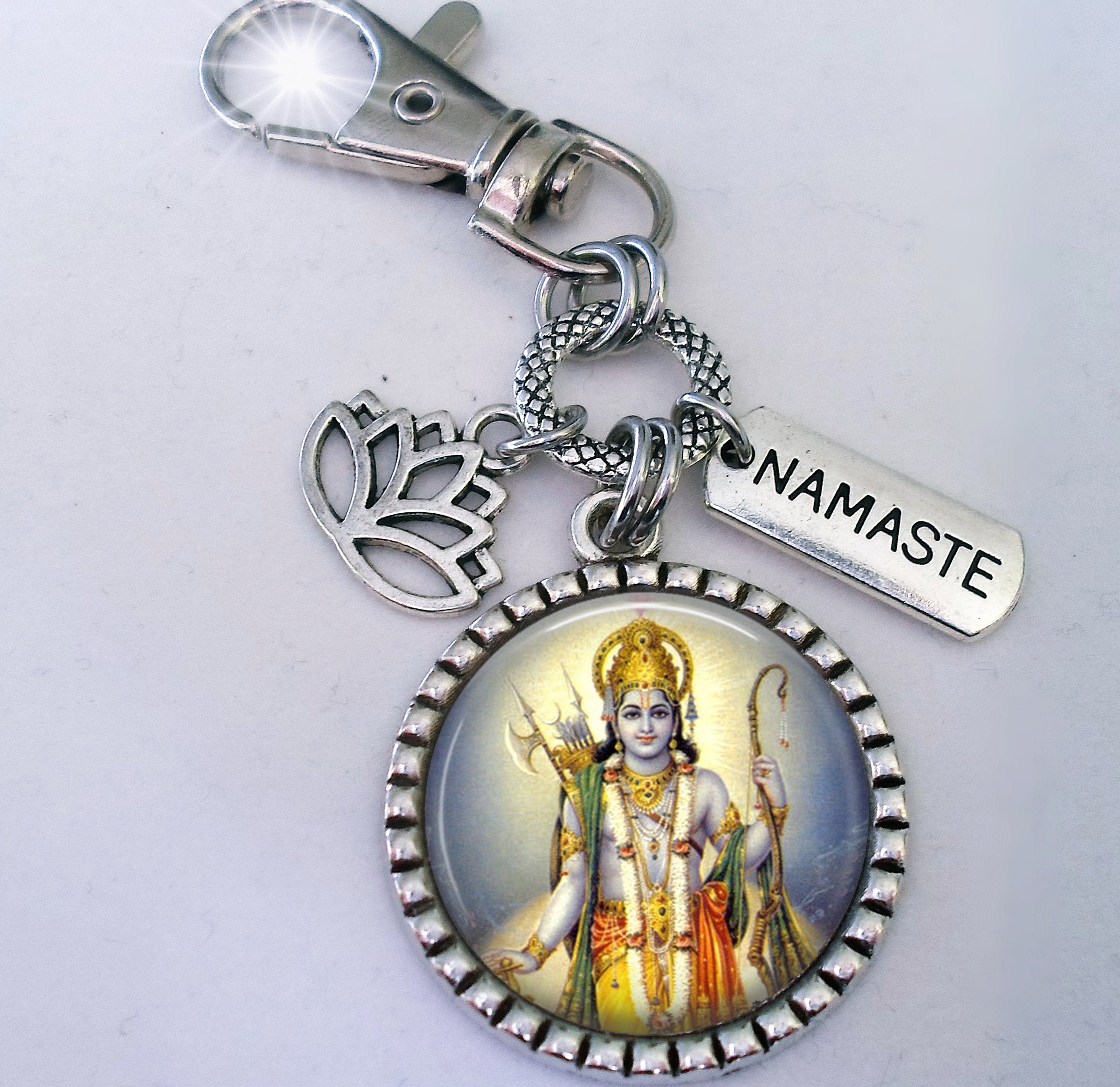 Rama Keychain Or Zipper Pull With Lotus Flower & Namaste Charm, Ram, Ramachandra Handcrafted Love