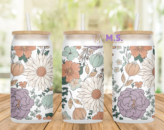 Flowers Glass Can Tumbler, Ice Coffee, Tea, Cup, Tumbler, Soda Glass, Beer Cup