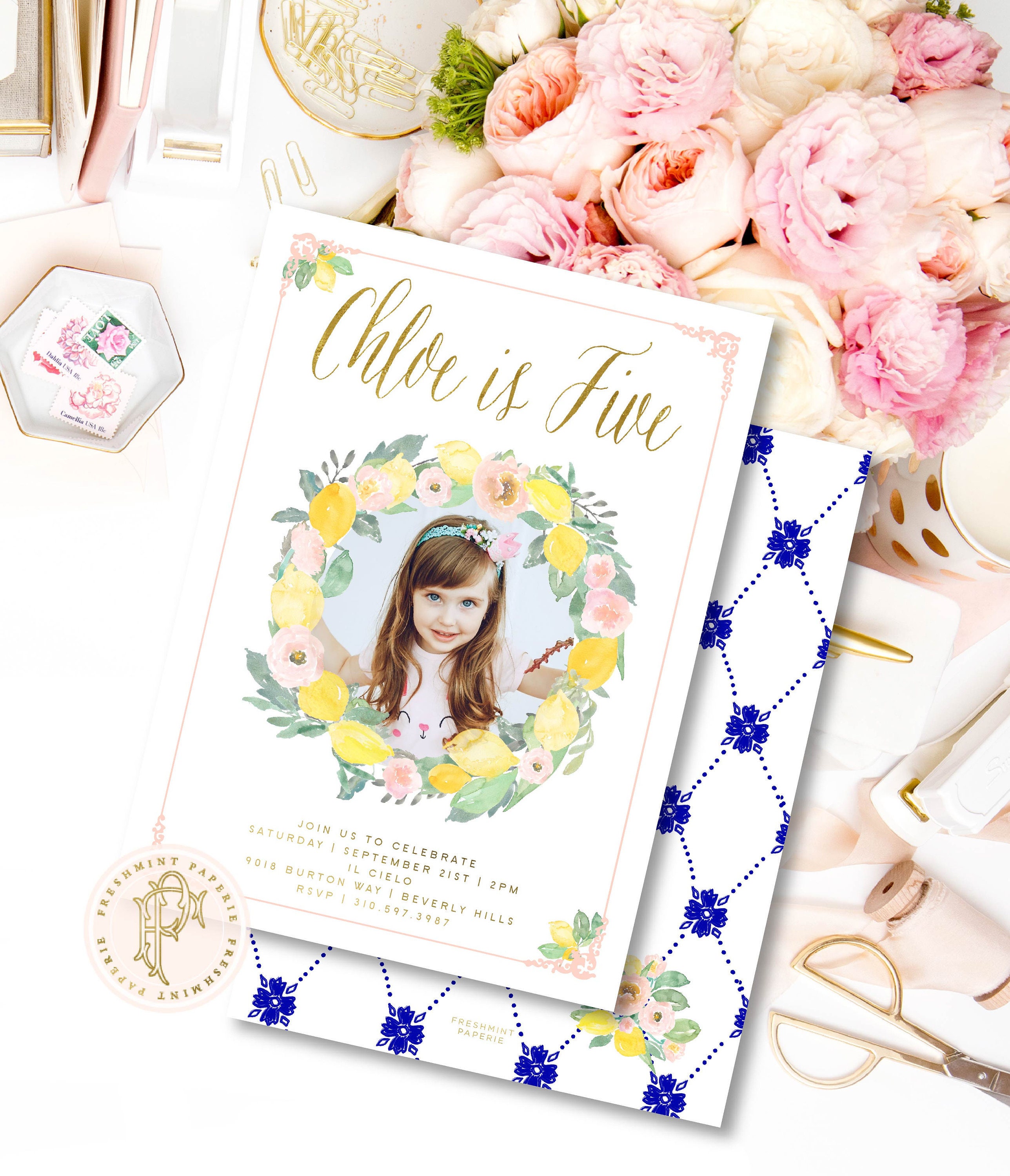 Lemon Invitation - Floral Birthday Picture Tropical Invitation Pink Lemons