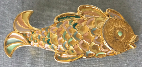 stunning Mimi Di N Signed Colorful Koi Fish Huge Belt Buckle Pastels Enamel Gold Metal Vintage Designer Runway Couture Goldfish Animal