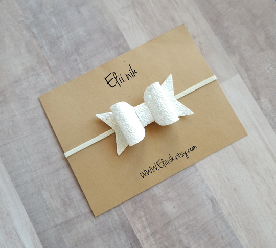 Baby Headband, Girl Bow Newborn Infant Bow, Hair Glitter White Headband