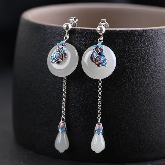 Cloisonne Lotus Flower Earrings S925 Sterling Silver Nephrite Jade Dangle