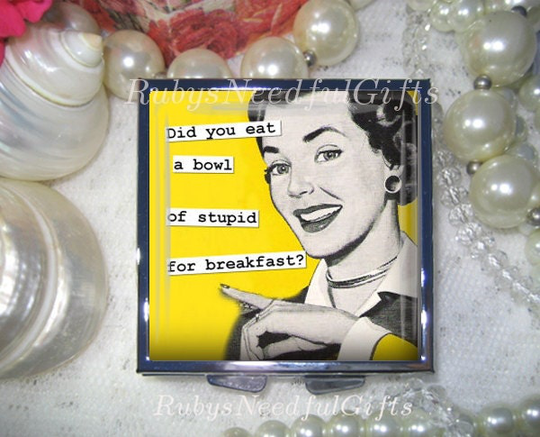Pill Case, Retro Sassy Housewife Square Box, Container, Birthday Gift, Medicine Organiser, 4 Compartments, Stupid