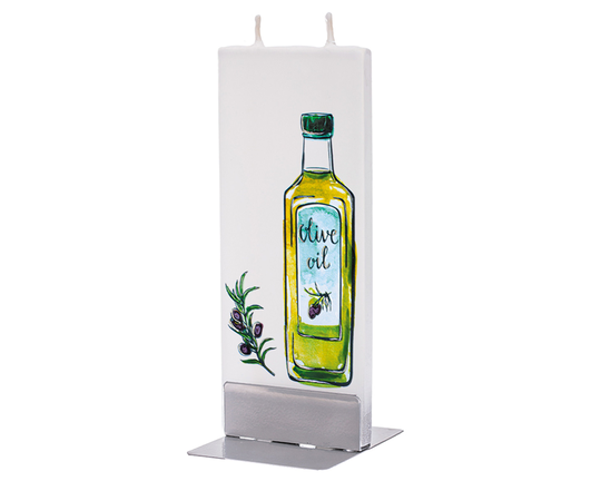 Hand Painted Flat Candle | Olive Oil Bottle & Branch Small Unique Gift Kitchen Tuscan Shelf Décor