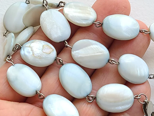 Vintage Pastel Baby Blue Mother Of Pearl Flat Oval Linked Bead Necklace, Soft Shape