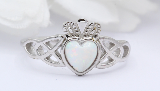 Crowned Heart Irish Claddagh Lab White Opal Celtic Crown Art Deco Wedding Bridal Engagement Promise Ring Solid 925 Sterling Silver