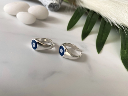 Small Circle Blue Evil Eye Band Ring, Unique Round Protection Modern Simple Open Stack Adjustable Ring Finger