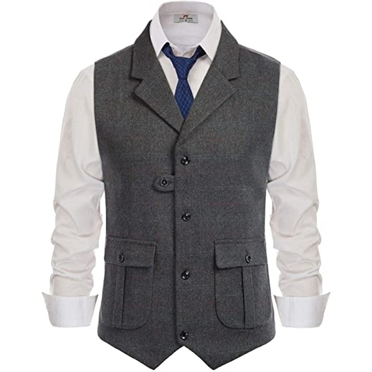 Mens Suit Vest Lapel Striped /Latticed Wool Tweed Blended Herringbone Silm Fit For Formal Casual Men's Vest Clothing 2021 - black grey, xl