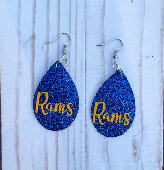 Rams Blue Glitter Faux Leather Earrings, Gift For Rams Fan, Football Fan