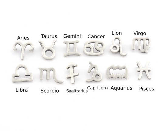 Horoscope Zodiac Symbols Pendant, 10mm Add On Charm Beads Bracelet Necklace Part Antique Silver Plated Brass 1798