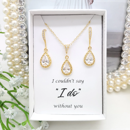 Gold Wedding Dangle Teardrop Bridesmaid Crystal & Ear Wire With Earrings, Necklace, Set. Silver, Earrings Gift