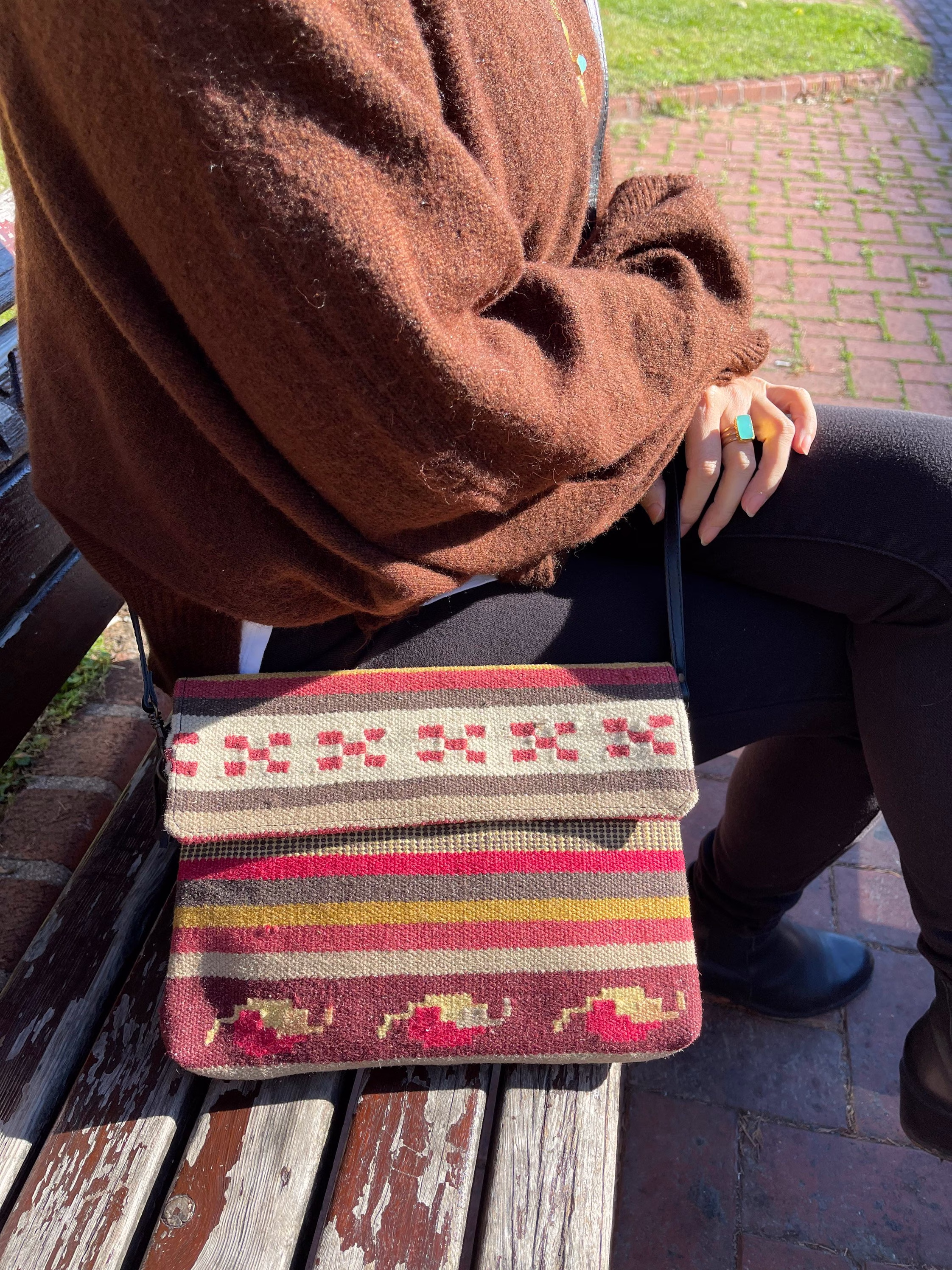 Kilim Clutch Bag, Crossbody Leather Boho Gift For Her, Handwoven Ethnic Christmas Gift