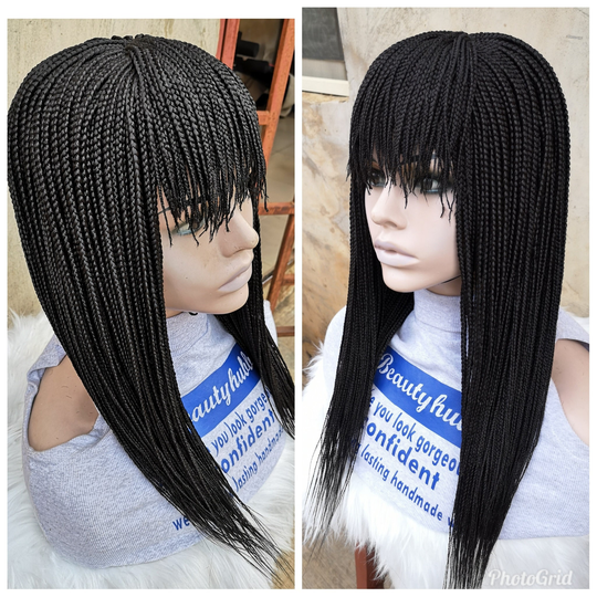 14" Fringe With Bangs Box Braid Wig For Black Women, Braided Wigs, Braids Wigs, Lace Box Braids Handmade African Woman