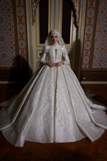 Aşk-I Diyar Ecru Wedding Embroidered Gown, Bridal, Muslim Wedding, Hijab White Dress, Islamic