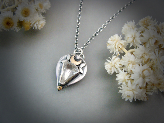Petite Flower Moon... White Topaz, Sterling Pendant, 14K Gold Pendants, Mixed Metal Handmade Gifts For Her