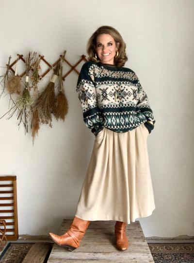 80's Deep Valley Sweater/Vtg Wool Blend Evergreen Fair Isle Pattern Oversized Pullover Crewneck Sweater/Wool Winter Sweater/28"Long/50"Chest