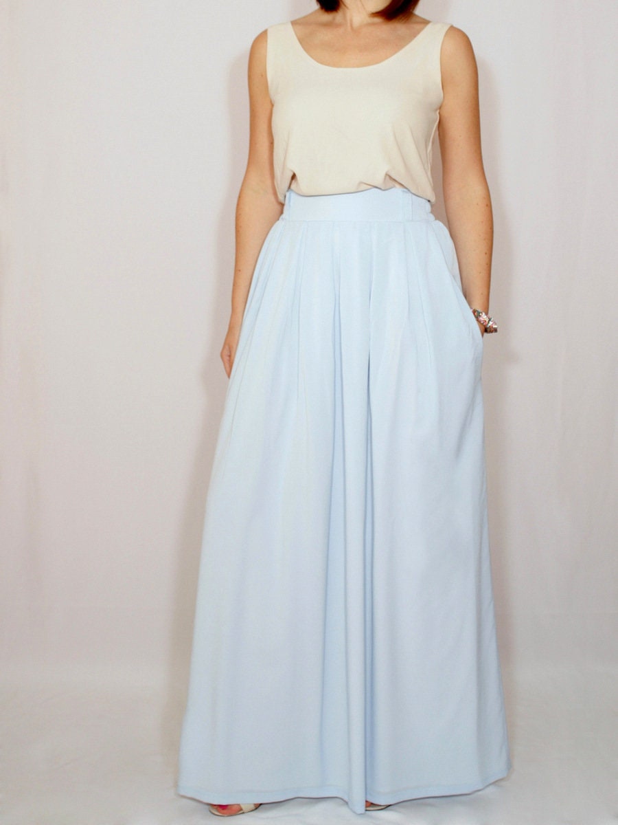 Light Blue Chiffon Maxi Skirt With Pockets, Long Pleat Skirt, Pastel