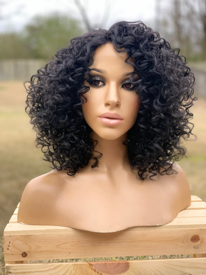 Human Hair Blend Wig 1B Wig, Off Black 12" Super Curly Lace Layered Front Wig Side Part