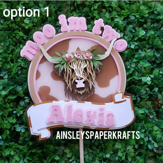Highland Cow Birthday Cake Topper, Highland Theme Party Topper, Moo I'm Two Birthday