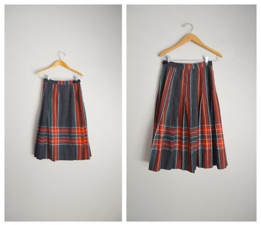 70S Plaid Wool Blend Tartan Fall Skirt - Womens Xsmall/24