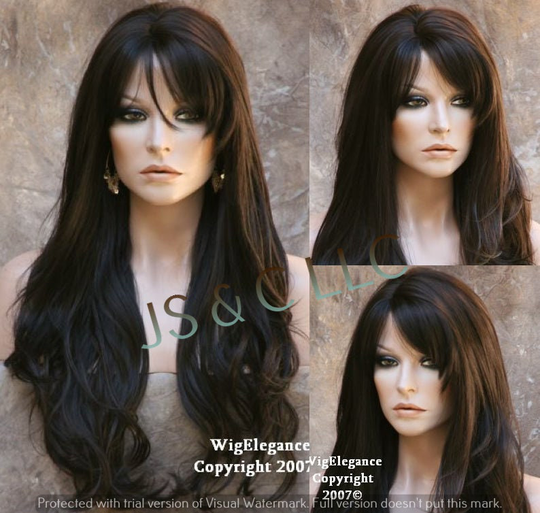 stunning Human Hair Blend Wig Darkest Brown Long Layered Wavy Full Heat Resistant N Bangs Cancer/Alopecia/Cosplay
