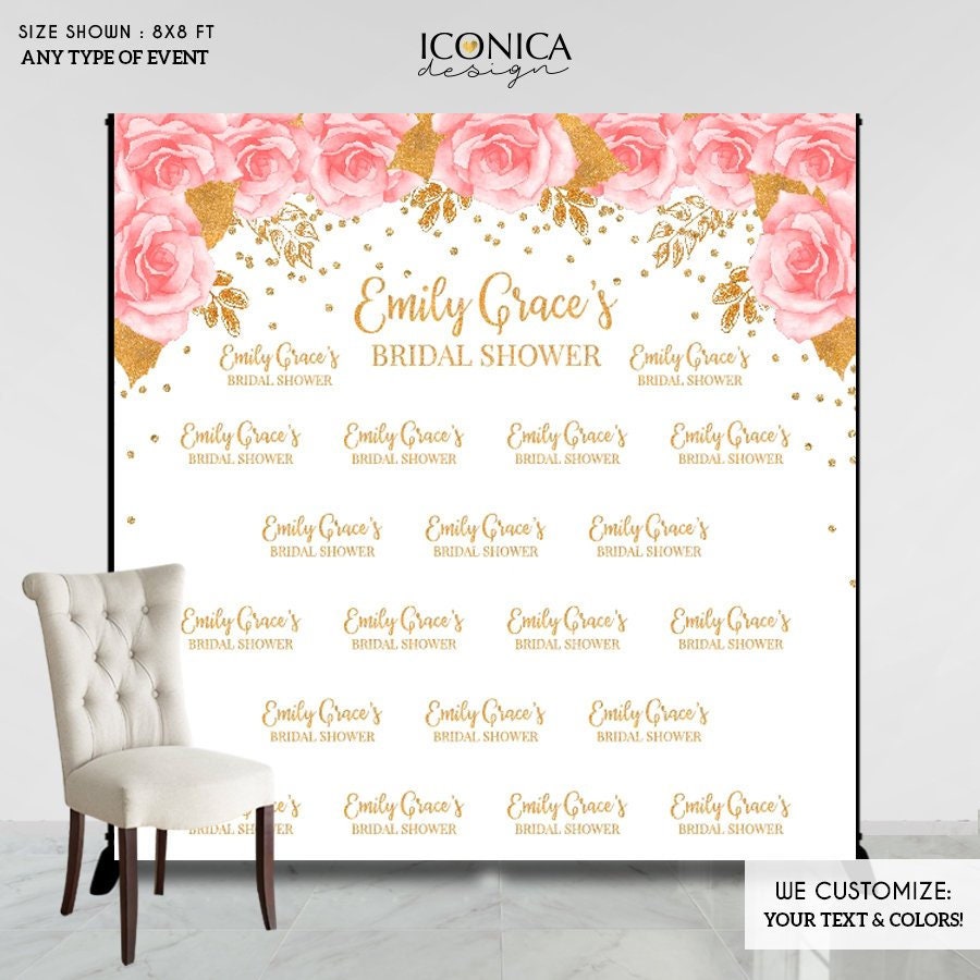 Bridal Shower Backdrop, Pink Flowers & Gold Faux Glitter Decor, Any Wording, Printed Or Printable File Bbr0030