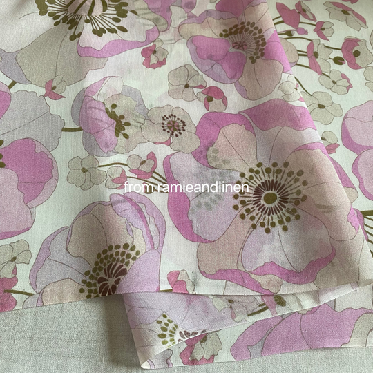 Silk Fabric, Pink Flowers Print, Silk Cotton Blend Half Yard By 55" Wide