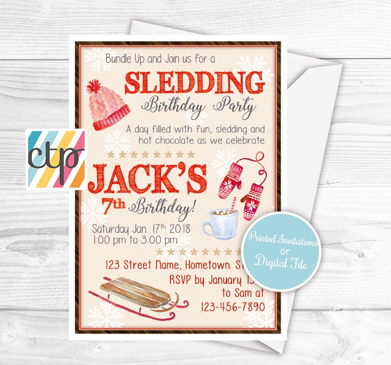 Sledding Party Invitation, Boy's Snow Birthday Let It Snow, Winter Printables Digital File