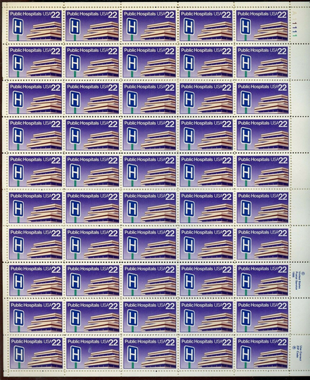 Public Hospitals Sheet Of Fifty 22 Cent Postage Stamps Scott 2210